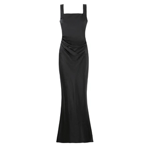 Elegant black sleeveless fishtail evening dress with ruching and square neckline