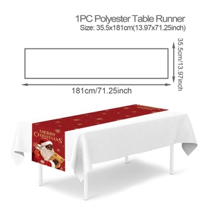 Polyester Christmas table runner featuring red and gold Merry Christmas pattern detail