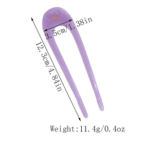 Detail of lavender acetate U-shaped hair pin with gold handmade branding and measurements