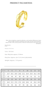 Detailed size chart for 925 sterling silver double-layer chain ring with 18k gold finish