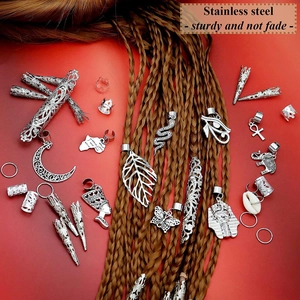 107pcs silver stainless steel dreadlock hair jewelry set with assorted charms on braids