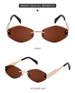 Front and side views of rimless geometric sunglasses with bright gold frames and brown lenses