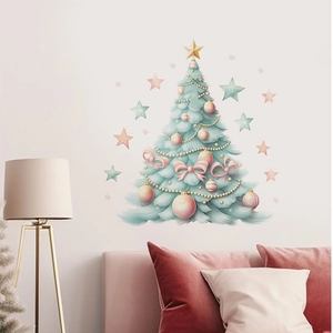 Mint green Christmas tree wall sticker with pink bows and fairy stars decoration
