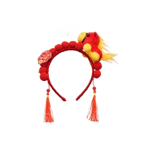 Festive Chinese New Year red lion horse headband with plush doll and red tassels