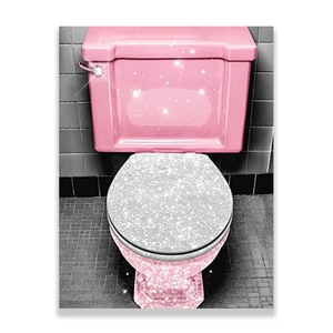 Detail of pink glitter toilet canvas wall art with silver sparkling seat for bathroom decor