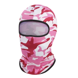 Detailed view of pink camouflage balaclava with breathable mesh eye area for sports