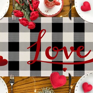 Linen Valentine's Day table runner with Love print and black white checkered pattern