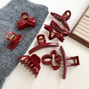 Elegant Wine Red Large Hair Claw Clip Plastic Resin With Metal Spring For Women Styling Accessory