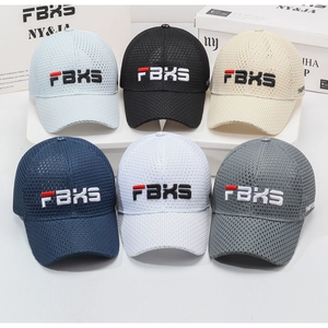Detail view of breathable mesh baseball caps in six colors with 3D letter embroidery