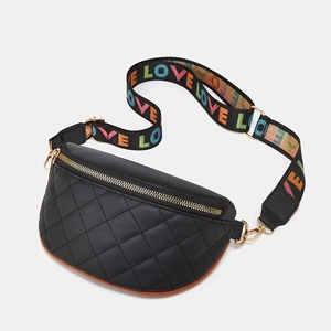 Quilted black waist bag with colorful LOVE letter strap and gold zipper accents