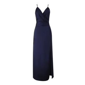 Elegant navy blue satin maxi slip dress with high side slit and V-neckline style