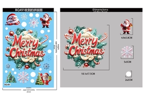 Detailed size chart for Christmas window decals showing Merry Christmas text and Santas