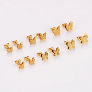 Butterfly Stud Earrings 304 Stainless Steel Frosted Matte Finish Simple Sweet Style Gold Tone Jewelry For Women Girl