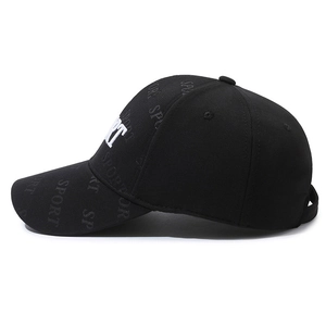 Black baseball cap with white RT embroidery and SPORT embossed patterns in a side view