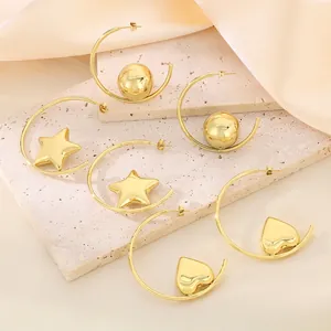 Large Hoop Earrings With Heart Star Ball Charm 18K Gold Plated Stainless Steel C Shape Elegant For Women
