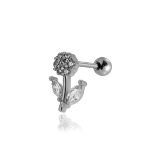 Detailed close-up of a silver flower stud earring with crystal petals and marquise leaves