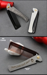 Detail of folding stainless steel hair comb with built-in bottle opener for men