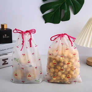 Frosted cherry print drawstring storage bag for snacks and small items organize