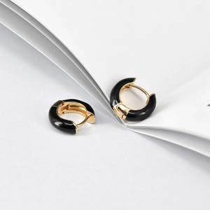 Minimalist geometric S925 silver needle hoop earrings with gold base and black enamel finish