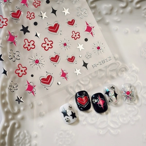 Colorful glitter nail stickers with red hearts and silver stars patterns for girls