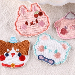Set of cute cartoon animal embroidery patches featuring bear, rabbit and cat designs