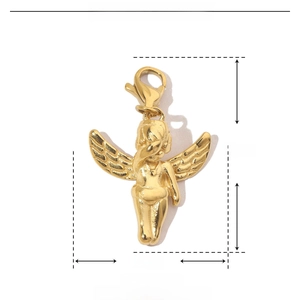 Detailed view of a gold angel pendant in stainless steel with exact measurements shown
