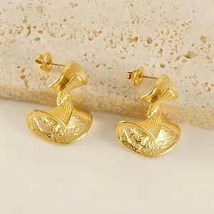 Irregular Stud Earrings 18K Gold Plated Stainless Steel Hammered Geometric Minimalist Artistic Design For Women
