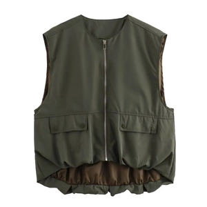 Gilet utilitaire vert foncé pour femme avec zip et ourlet froncé élastique