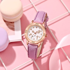 Montre lumineuse en or rose pour filles avec bracelet en cuir violet et cadran étoilé
