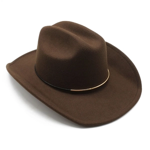 Classic dark brown western cowboy felt hat with a stylish golden metal decorative band