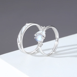 Luminous 925 silver whale tail couple rings with glowing moonstone for lovers