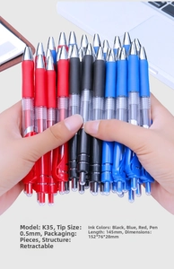Hand holding K35 retractable gel pens in red, black, and blue with 0.5mm bullet tip