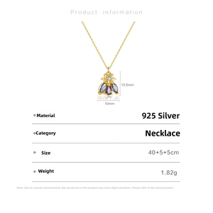 Detailed size specifications of S925 silver honey bee necklace with purple stones