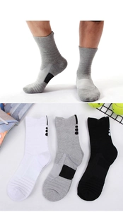 Detail of thick cushioned sports socks in black, white, and grey with breathable mesh