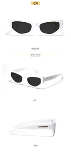 Détail des lunettes de soleil œil-de-chat rétro Y2K blanches avec verres gris et métal
