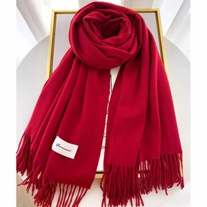 Detail view of red cashmere scarf with fringe tassels and brand label texture