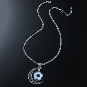 Hip hop silver moon pendant necklace with glowing blue football charm on twist chain