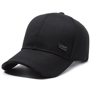 Men's black cotton baseball cap with side metal plate and sports lettered brim