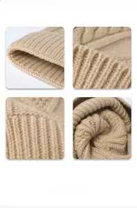Detailed macro view of khaki cable knit texture and thick ribbed weave on winter hat