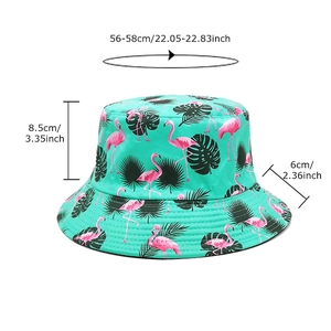 Tropical flamingo and palm leaf print bucket hat with dimensions 56-58cm for sun protection