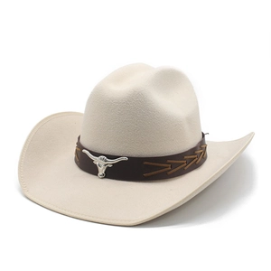 Close-up of beige felt fedora with brown leather band and silver bull head metal detail