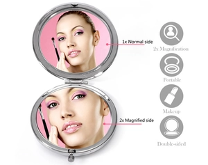 Dual-sided portable makeup mirror with 1x normal and 2x magnified side view