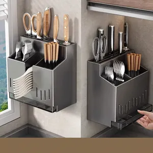 Kitchen Knife Holder Chopstick Tube Integrated Storage Rack Stainless Steel Wall Mounted Tabletop Drainer Tray Multifunctional