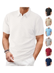 Detail view of herringbone knit texture on men's short sleeve polo shirt in seven colors