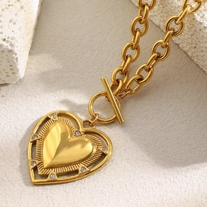 Collier Pendentif Cœur Plqué Or 18K Acier Inoxydable Avec Strass Chaîne O Épaisse Fermoir OT Femmes