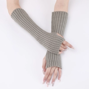 Macro detail of mid-grey ribbed knit arm warmer with elastic fingerless opening