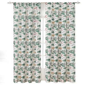 American Christmas themed curtains with green trees and stars on white blackout fabric