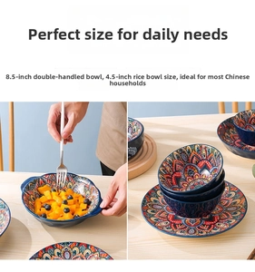 Detail of bohemian ceramic tableware set with mandala patterns, showing 8.5-inch and 4.5-inch bowls