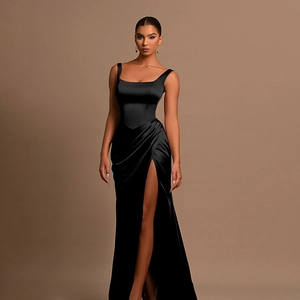 Elegant black satin maxi dress featuring a square neck and a high side slit design