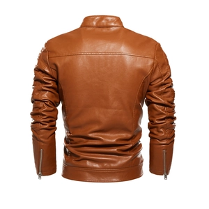 Back view of brown PU biker jacket showing quilted shoulders and silver zippers